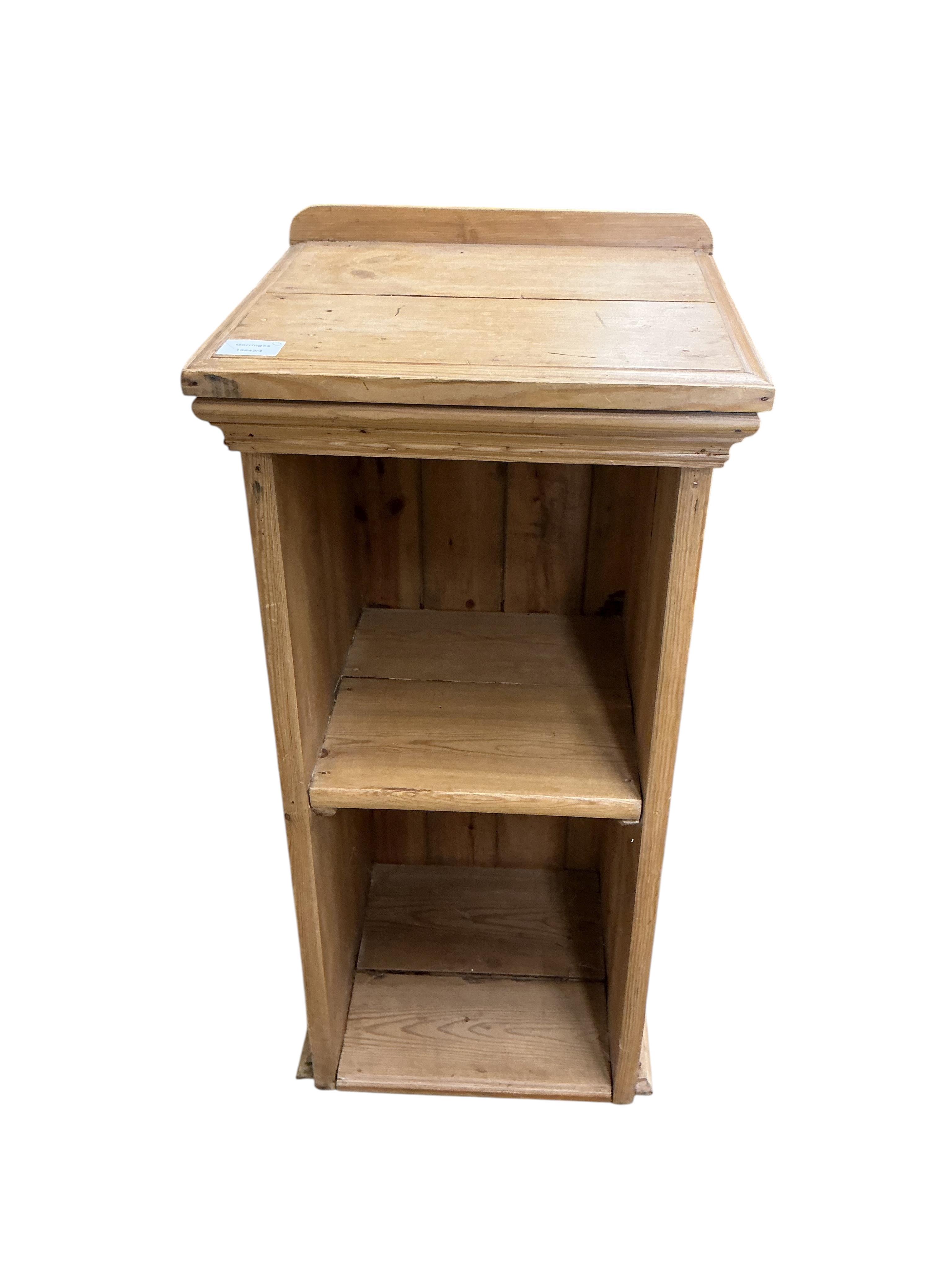 A Victorian pine bedside cabinet, width 38cm, depth 35cm, height 82cm, together with two pine and beech Provincial stools